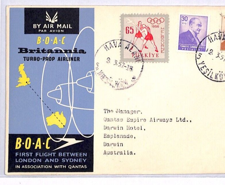 TURKEY Air Mail Cover BOAC BRITANNIA FIRST FLIGHT AUSTRALIA 1957 Yeşilköy YT230