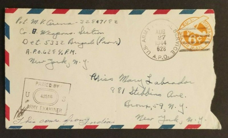 1944 India US APO 628 NY City Army Postal Service WWII Censorship Air Mail Cover
