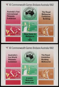 AUSTRALIA 1982 Commonwealth Games M/S 2 Ausipex 84 overprints MNH **. Retail $35