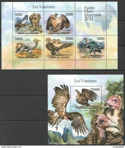 2011 Comoros Fauna Birds Of Prey Vultures Kb+Bl ** Uc202