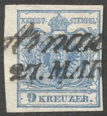 AUSTRIA 1850 9 Kr, Type III, ARNAU Czech script postmark/cancel, Sc 5, VF