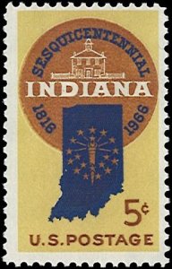 U.S. Scott # 1308  1966 5c bl, yel & brn  Map of Indiana & 19
Stars  mint-nh- vf