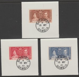 GAMBIA 1937 CORONATION set of 3 on pieces with MADAME JOSEPH  POSTMARK