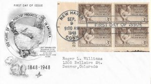 1948 FDC, #968, 3c Poultry Industry, Art Craft, plate block of 4