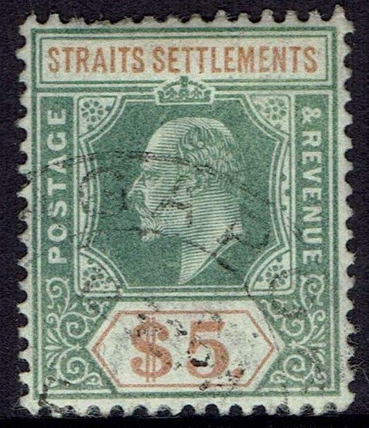 STRAITS SETTLEMENTS 1902 KEVII $5 WMK CROWN CA USED 