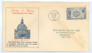 US 794 1937 5¢ naval Academy (part of the Army Navy series) single on an addressed (typed) FDC with an unknown cachet