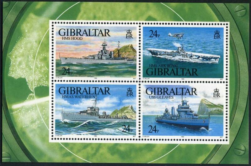 Gibraltar 630,MNH.Michel Bl.18. WW II Warships:HMS Hood,Ark Royal,USS Gleaves,