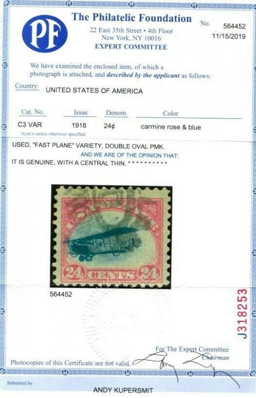 US SCOTT #C3, Used-F/VF, FAST PLANE, Central Thin, PF Certificate, garyposner!