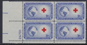 1016 Red Cross Plate Block MNH