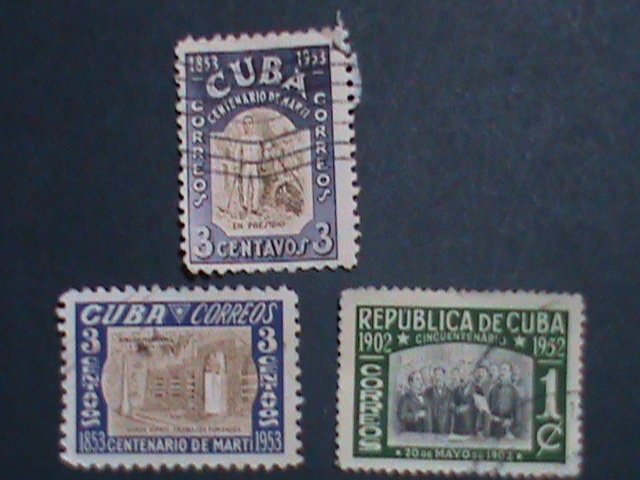 ​CUBA-1952 BIRTH PLACE OF JOSE MARTI THREE VERY OLD CUBA USED STAMP-VERY FINE