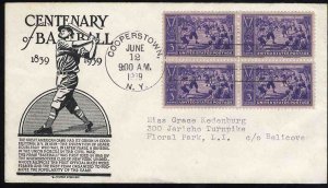 United States First Day Covers #855-1a, 1939 3c Baseball Centennial block of ...