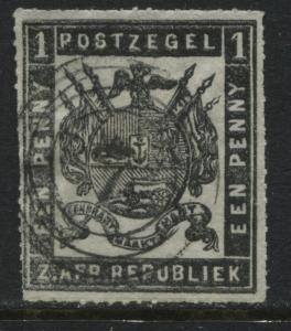 Transvaal 1870 1d black rouletted on thin transparent paper used (JD)