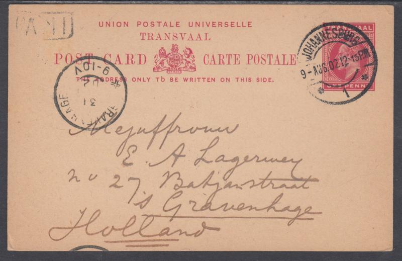 Transvaal H&G 12 used 1902 1p Postal Card, Johannesburg to Gravenhage, Holland