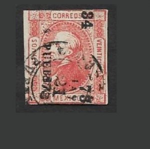 SE)1872 MEXICO, HIDALGO 25C SCT95 IMPERFORATE, WITH PUEBLA DISTRICT, USED