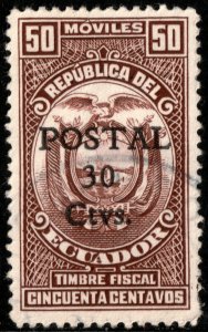 ✔️ ECUADOR 1943 - OVERPRINT 30 CTVS VARIETY WITHOUT BARS - SC. 416a (o) [036]