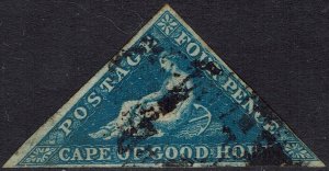 CAPE OF GOOD HOPE 1853 TRIANGLE 4D ON BLUED PAPER USED