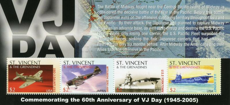 St Vincent & Grenadines 2005 MNH WW2 WWII VJ Day 4v M/S Ships Aviation Stamps