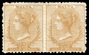 Malta 1863 QV ½d buff-brown in a very fine mint pair. Scarce multiple. SG 14.