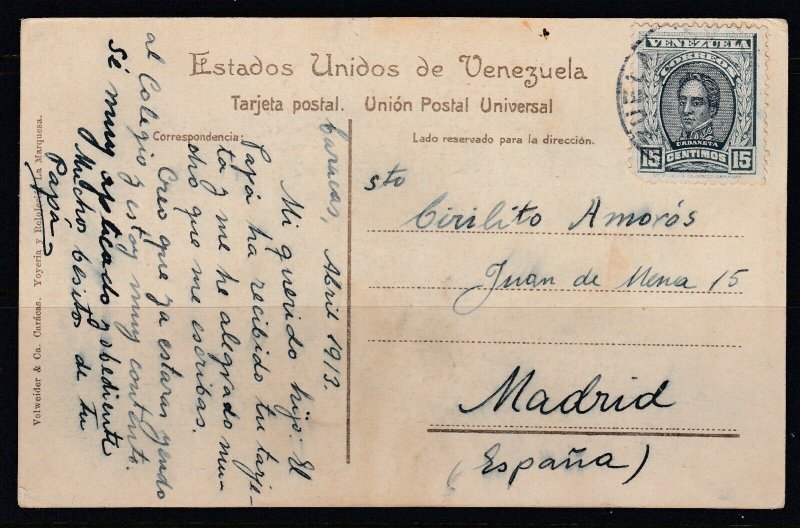 Venezuela 1913 Postcard to Madrid, Spain tied with Scott 252