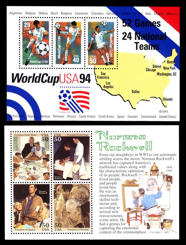 US #2837, 2840 VF/XF mint never hinged, Soccer and Rockwell Sheets,   Post Of...