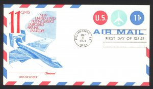 USA Sc# UC43 (Fleetwood) FDC (b) (Williamsburg, PA) 1971 5.6 11c Air Mail