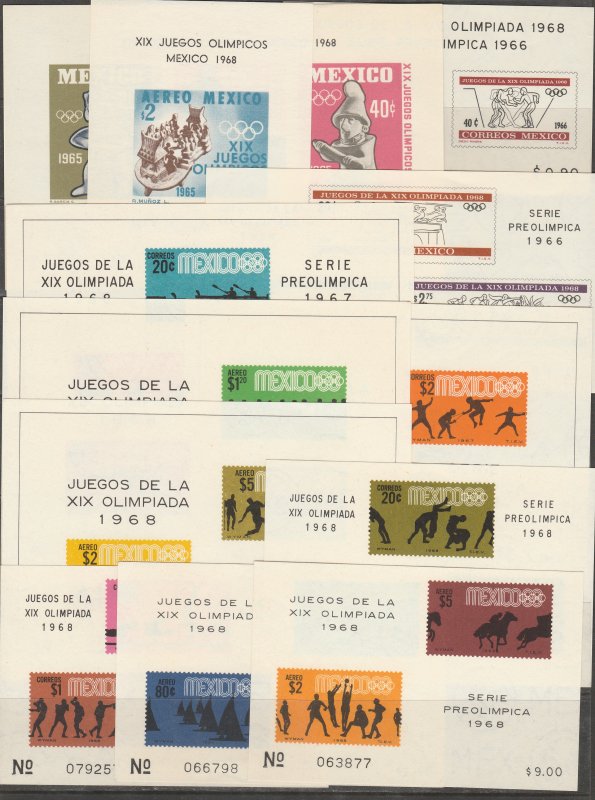 MEXICO LOT OF 12 PRE-OLYMPIC SS, 1965-1968 ALL MINT, NH. VF.