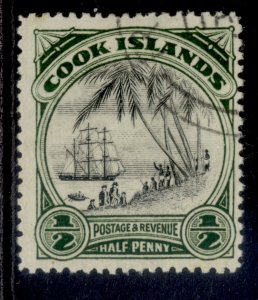 COOK ISLANDS GV SG106 Var, ½d black & deep green, FU. Cat UNLISTED. WMK SIDEWAYS