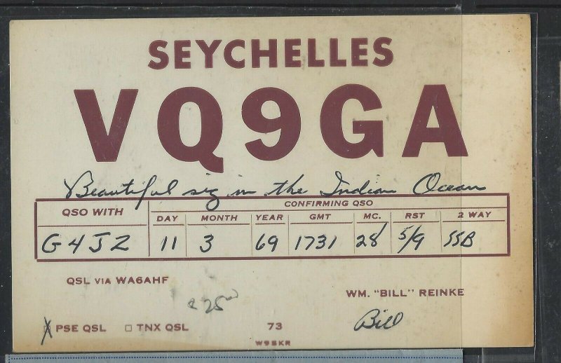 SEYCHELLES  COVER (P1002B) 1969 HAM RADIO CARD FROM SEYCHELLES