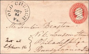 Scott U1 3 Cents Washington Cover Black 22 Oct Old Church, Va Cancel