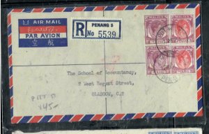 MALAYA PENANG  COVER (P3008B) 1954  KGVI 10CX2+35CX2 REG PENANG TO SCOTLAND 