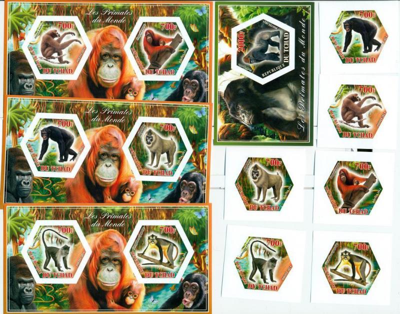 TCHAD CHAD 10 SHEETS COLLECTION IMPERF GORILLAS MONKEYS PRIMATES WILDLIFE