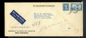 4 hole OHMS Mufti 5c + 6c Registered airmail 1940 Ottawa signature cover Canada
