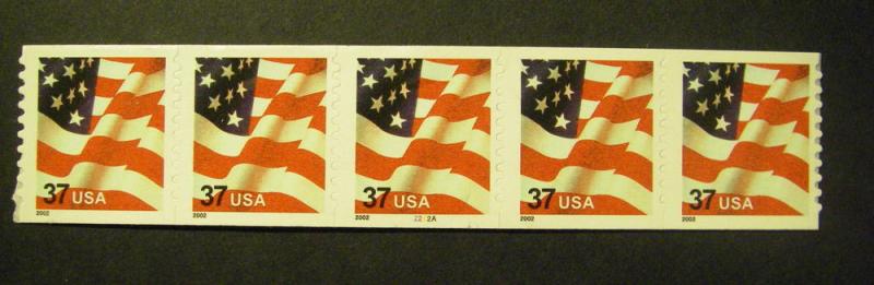 Scott 3632, 37 cent Waving Flag, PNC5 #2222A, shift rt