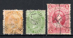 Australia - Queensland 1879-86 Queen Victoria Values Sg 141, 142 and 159 Fu-