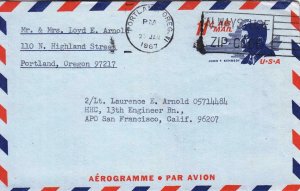 1967, Portland,OR to APO 96207, Korea, Aerogram (UC38) (37445)