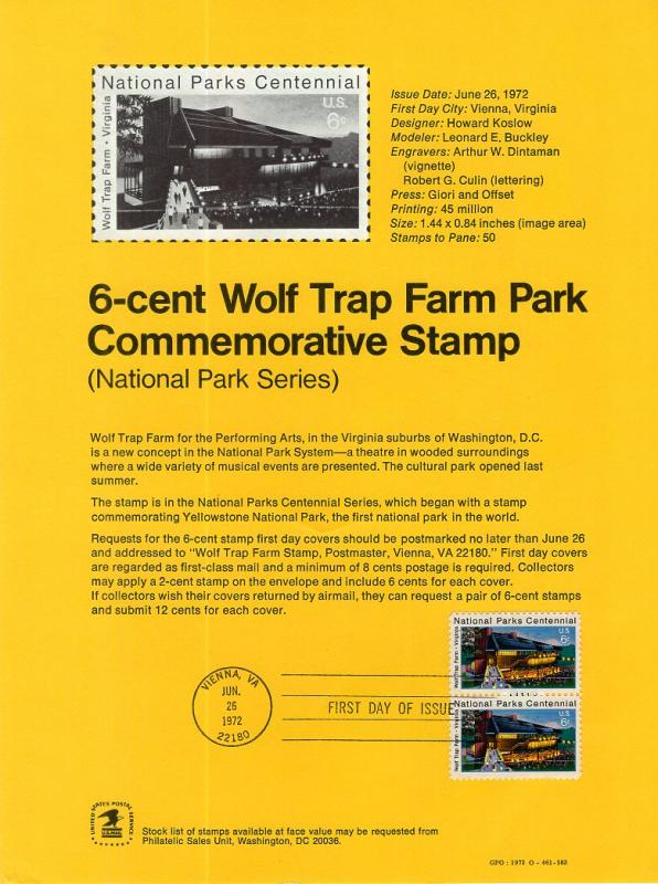 US SP304 Wolf Trap Farm 1452 Souvenir Page FDC