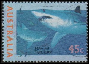 Australia 1464b - Used - 45c Mako & Tiger Shark (1995) (cv $0.80)