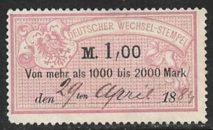 GERMANY 1882 1,00m Bill of Exchange Revenue Erler No. AJ87A VFU