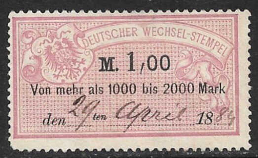 GERMANY 1882 1,00m Bill of Exchange Revenue Erler No. AJ87A VFU