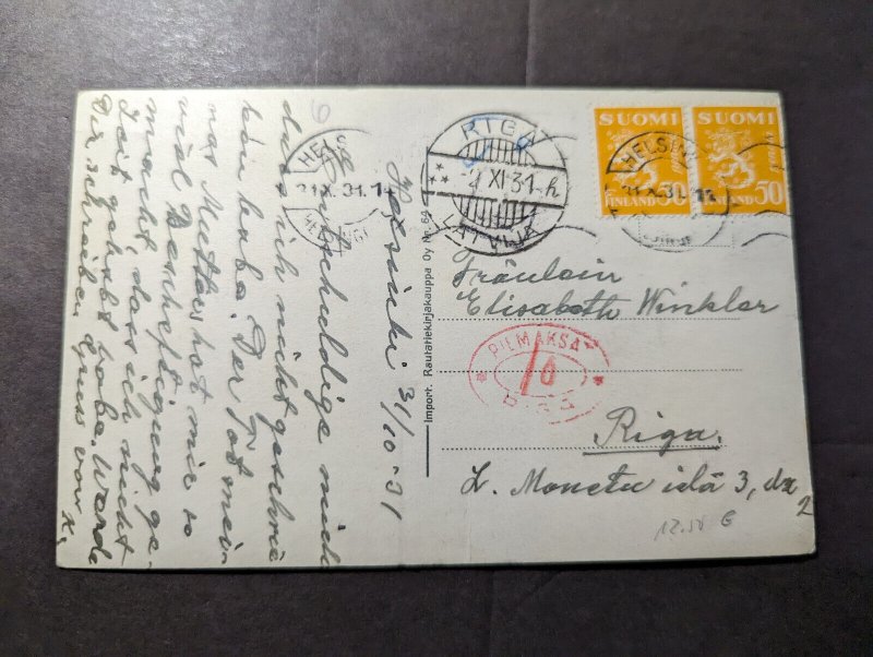 1931 Finland RPPC Postcard Cover Helsinki to Riga Latvia