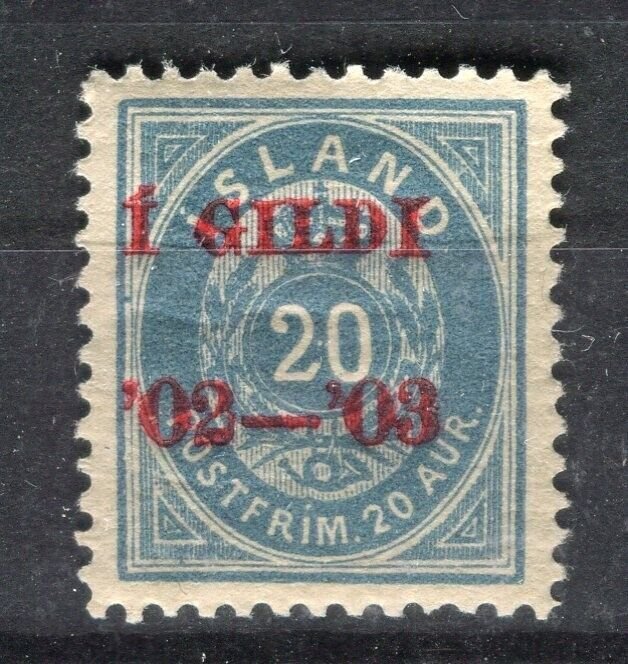 ICELAND; 1902-03 early ' 1 GILDI ' Optd. issue Mint hinged 20a. value