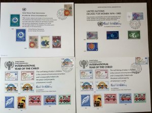 UNITED NATIONS COLLECTION 32 SOUVENIR CARDS 70s/80s STAMPED CANCELLED FREE SHIP