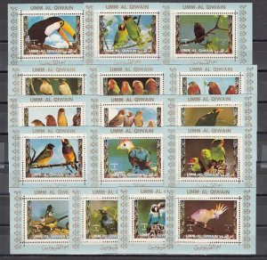 Umm Al Qiwain, Mi cat. 1402-1417 C. Various Birds & Toucan on BLUE s/sheets. ^