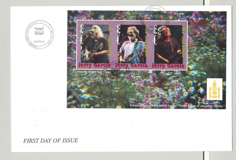 Mongolia #2385-2389 Jerry Garcia, Music 5v M/S of 3 on 5 FDC