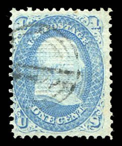 United States, 1867 Issue #92 Cat$475, 1867 1c blue, F. Grill, used, tiny mar...