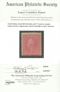 U.S. #500 UNUSED WITH APS CERT TYPE 1a