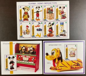 Guyana 3 Disney Antique Toys Pluto & Mickey Sheet of 8 and 2 S/S 1996