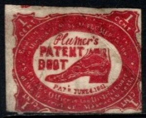 1861 US License & Royalty Stamp 1 Cent Plumer's Patent Boot Company