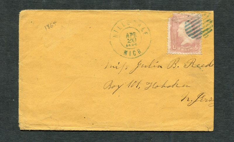 Postal History - Hillsdale MI 1864 Blue Double Ring Circul Grid #65 Cover B0225