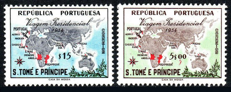 St Thomas & Prince Islands 367-368, MNH. Visit of Pres. Lopes. Map & Plane, 1954